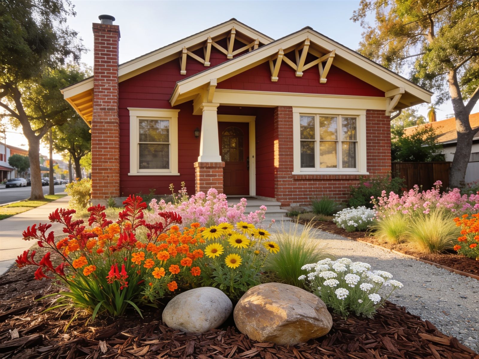 Design idea: brick-red Craftsman bungalow with monkeyflower, sunflowers and buckwheat on wood mulch