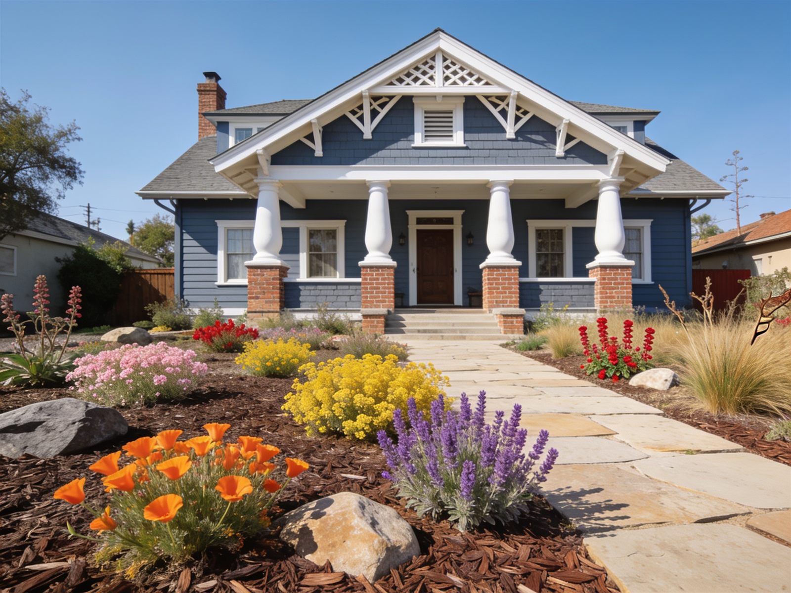 Design idea: slate-blue Craftsman house with poppies, sage and buckwheat along a flagstone walkway