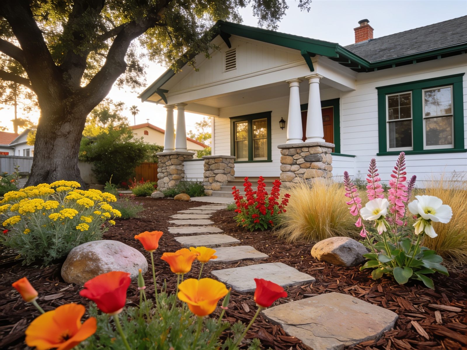 Design idea: white Craftsman bungalow with a California native garden of poppies, yarrow and penstemon on wood mulch