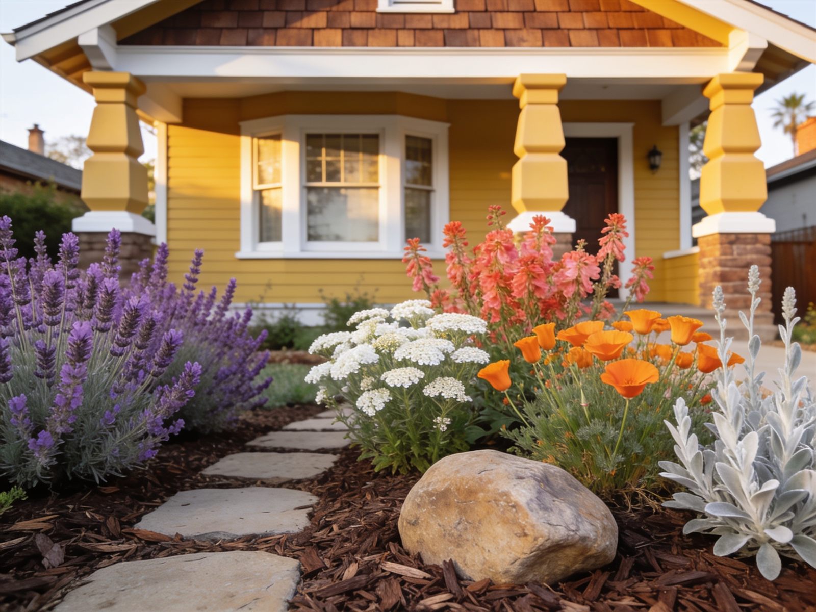 Design idea: yellow Craftsman cottage with sage, yarrow, California fuchsia and poppies on wood mulch
